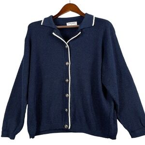 VTG Alfred Dunner Womens L Textured Knit Cardigan Navy Blue White Trim USA Made